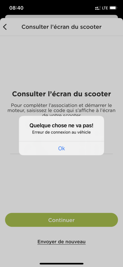 Capture d'écran de l'erreur affichée capture d'écran de l'erreur "quelque chose ne va pas", s'affichant sur le smartphone lorsqu'on essaie de lier app et scooter silence S01 connected en outre mer